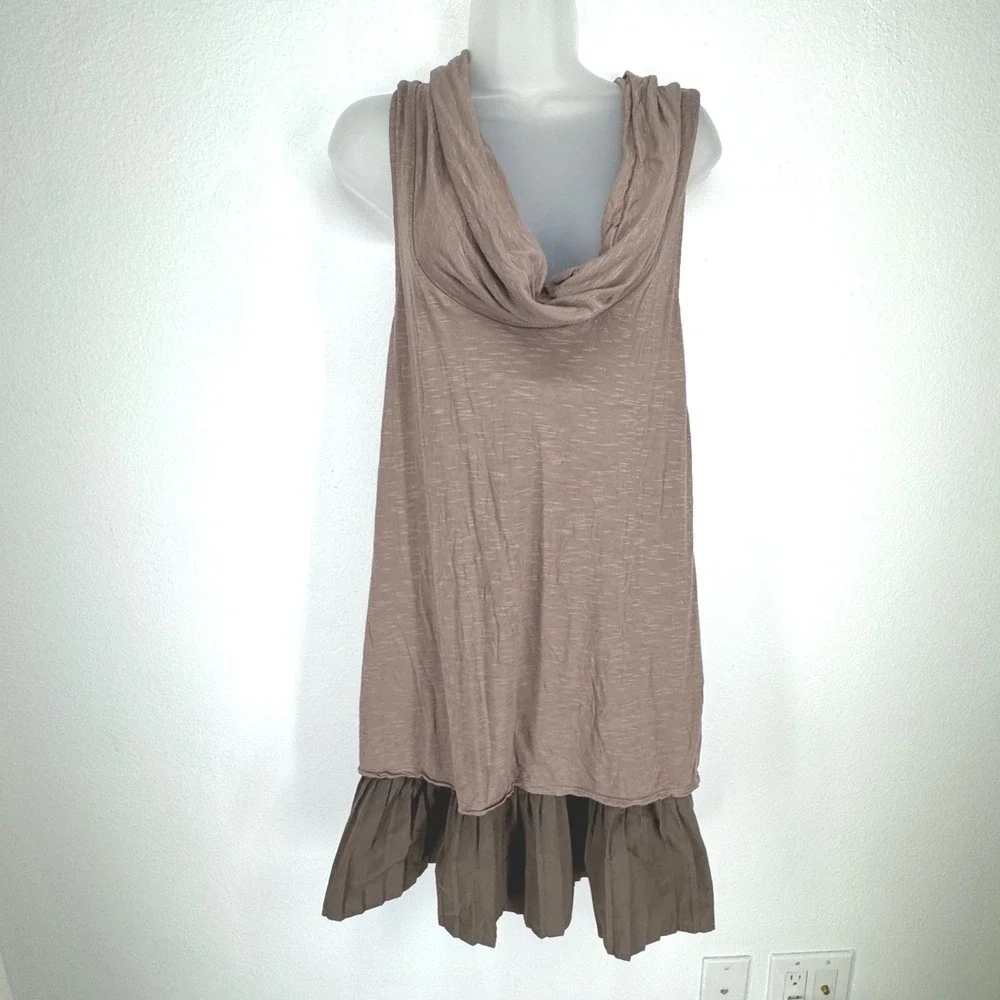 Free People Brown Slub Knit Cowl Neck Pleated Drop Waist Mini Dress Large Earthy